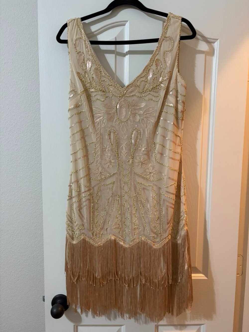 Gold Sequin Beaded Fringe Flapper Dress Sz L
